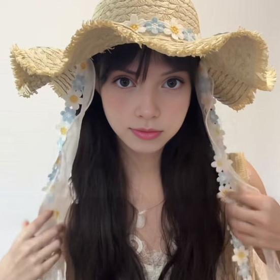 Yousheng Versatile Beach Hat, Lace Tie Straw Sun Hat with Windproof Flower Strap, Lightweight Breathable Summer Travel Hat