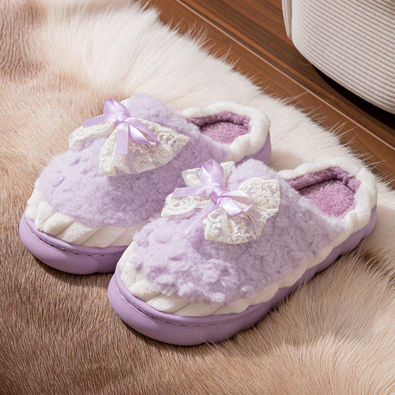 Women's Cozy Plush Bow Cotton Slippers - Anti-Slip, Warm, Cute Design for Autumn/Winter 2024
