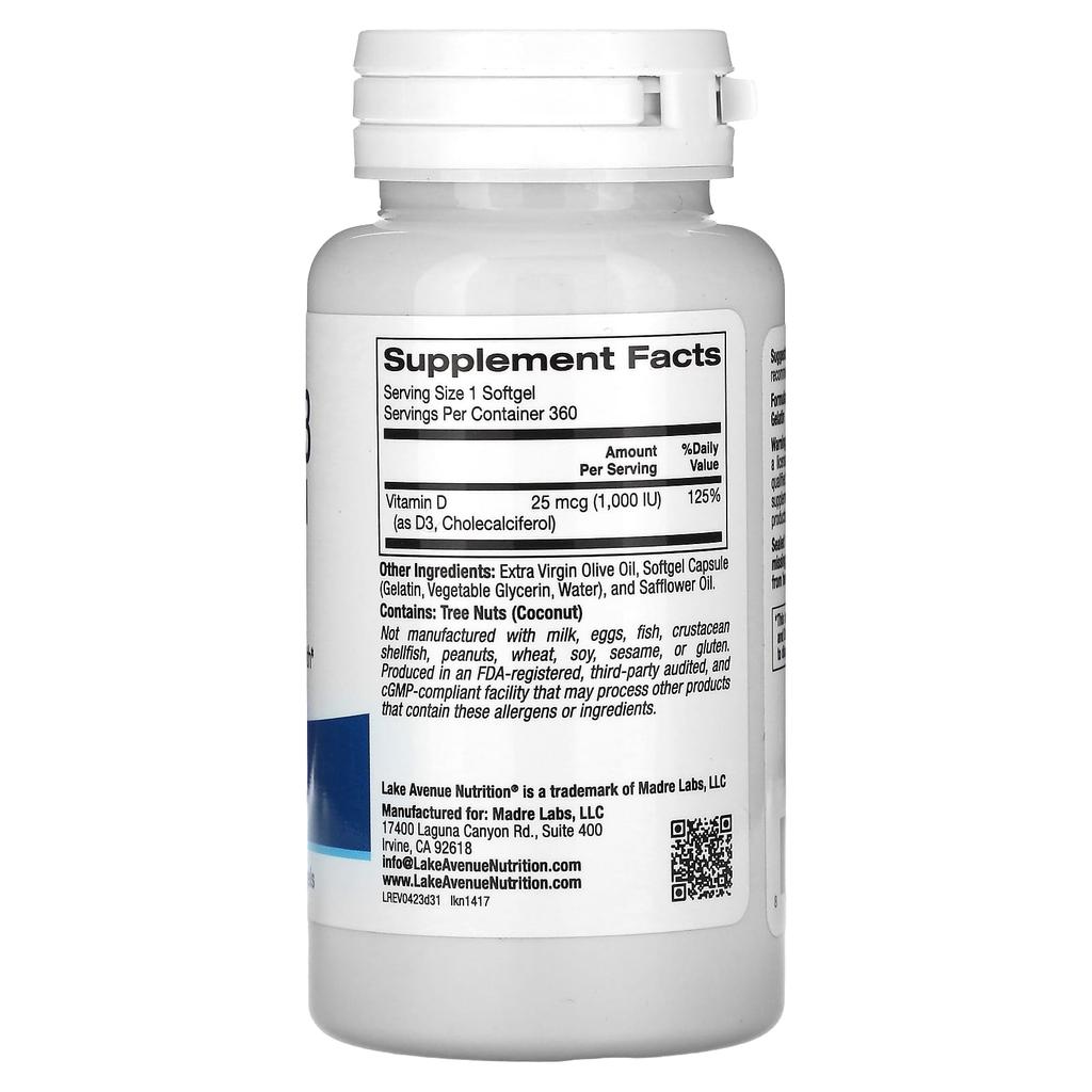 Vitamin D3, 25Mcg (1,000Iu), 360 Softgels