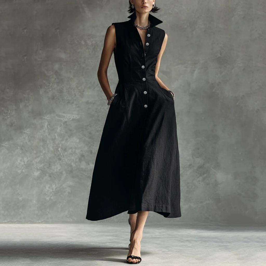 Women's Fashionable Sleeveless Linen Casual Button-Down Dress