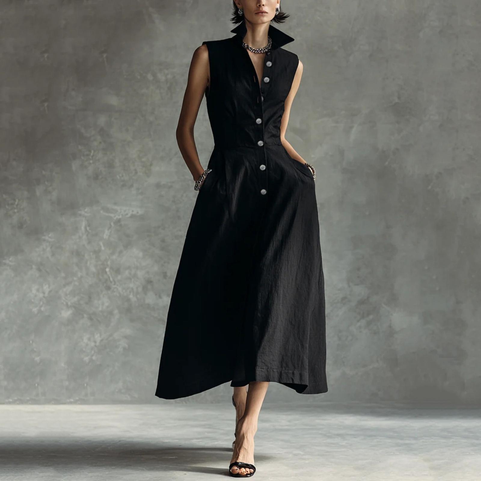 

Women s Fashionable Sleeveless Linen Casual Button-Down Dress L
