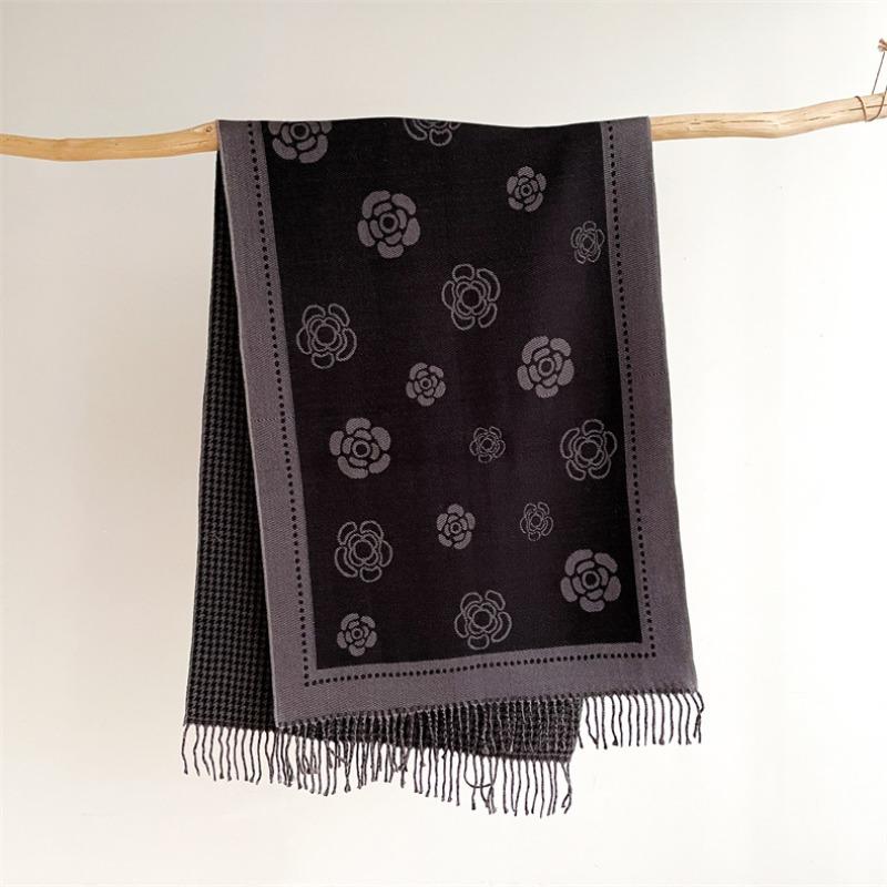 Scarf women's autumn and winter new core-spun yarn camellia thousand bird grid double-sided warm shawl versatile decorative cashmere scarf