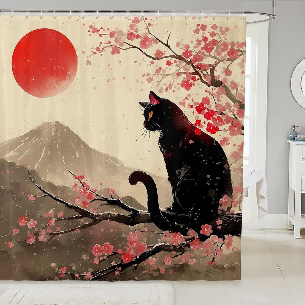 Japanese Koi Fish Shower Curtain Cherry Blossoms Bath Curtain Kids Boys Girls Botanical Flowers Floral Print Bathroom Shower