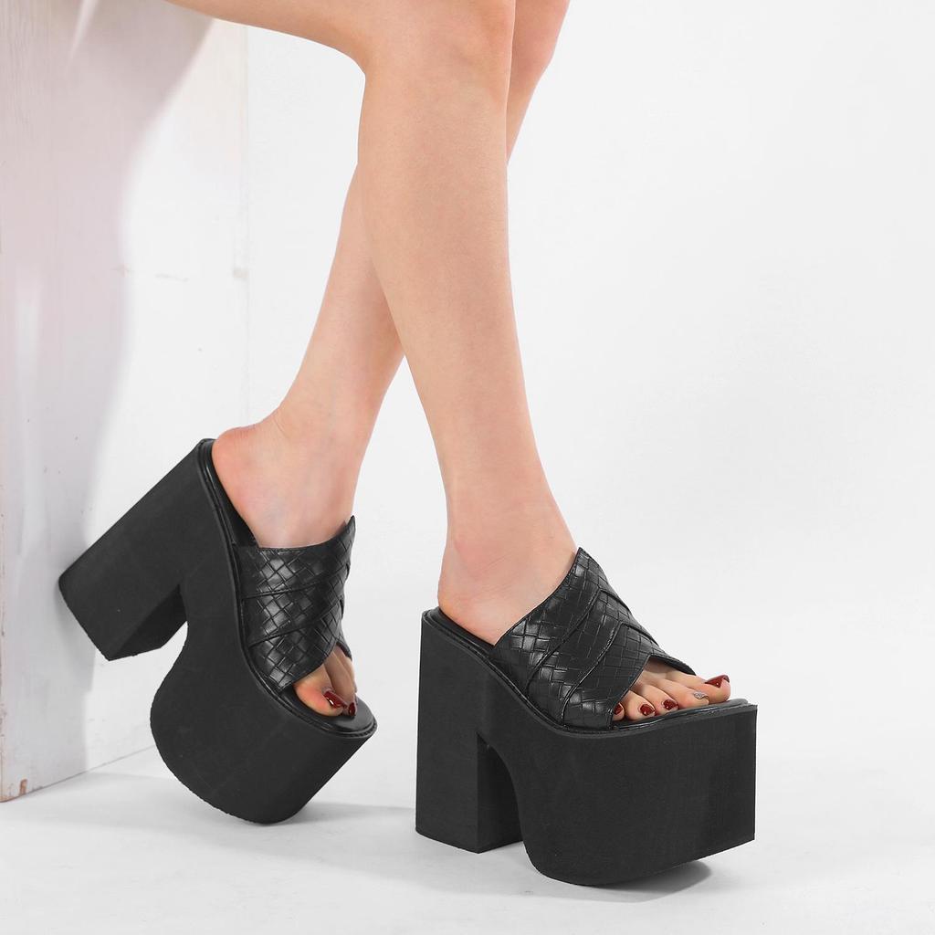 Gdgydh Black Platform Sandals for Women Wedge Heels Fashionable Strappy Back Open Toe Summer High Heel Sandals Slip-On Outdoor