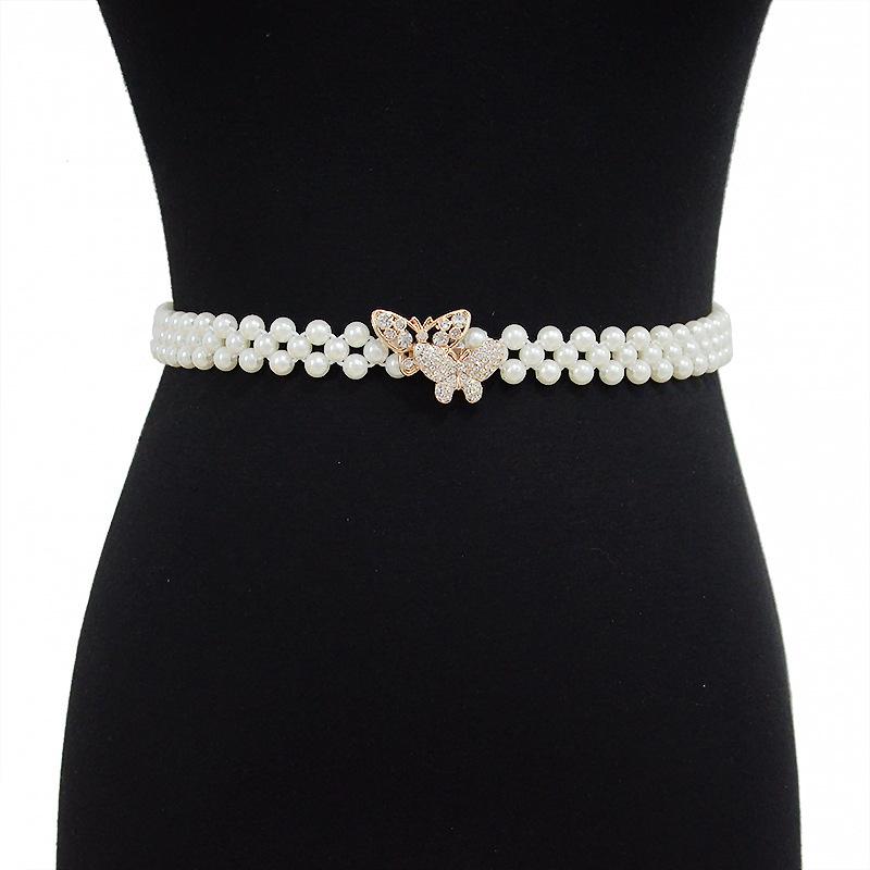 Women s belt elastic pearl rhinestone butterfly slim waist cincher 65cm-90cm золотой