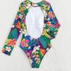 New European and American One-piece Swimsuit Women's Sexy Halter Crew Neck Swimsuit Fashionable Conservative Surf Print Long-sleeved Swimsuit