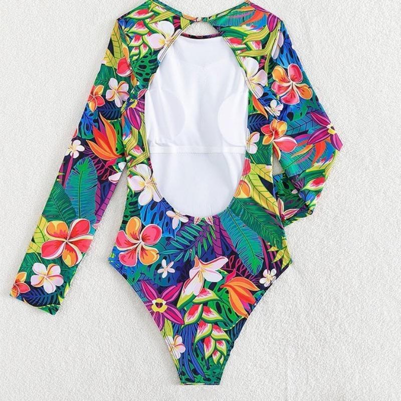 New European and American One-piece Swimsuit Women's Sexy Halter Crew Neck Swimsuit Fashionable Conservative Surf Print Long-sleeved Swimsuit