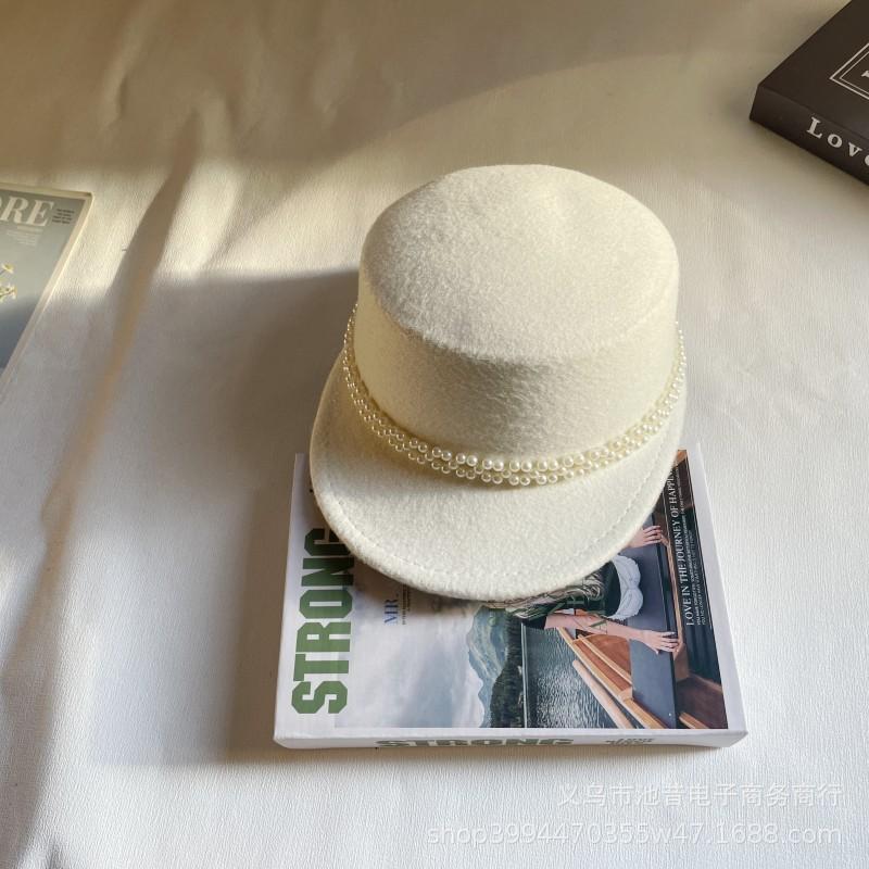 French Pearl Chain Top Hat Women's Autumn and Winter Warm Flat Top Felt Hat British Celebrity Retro Versatile Fashion Hat