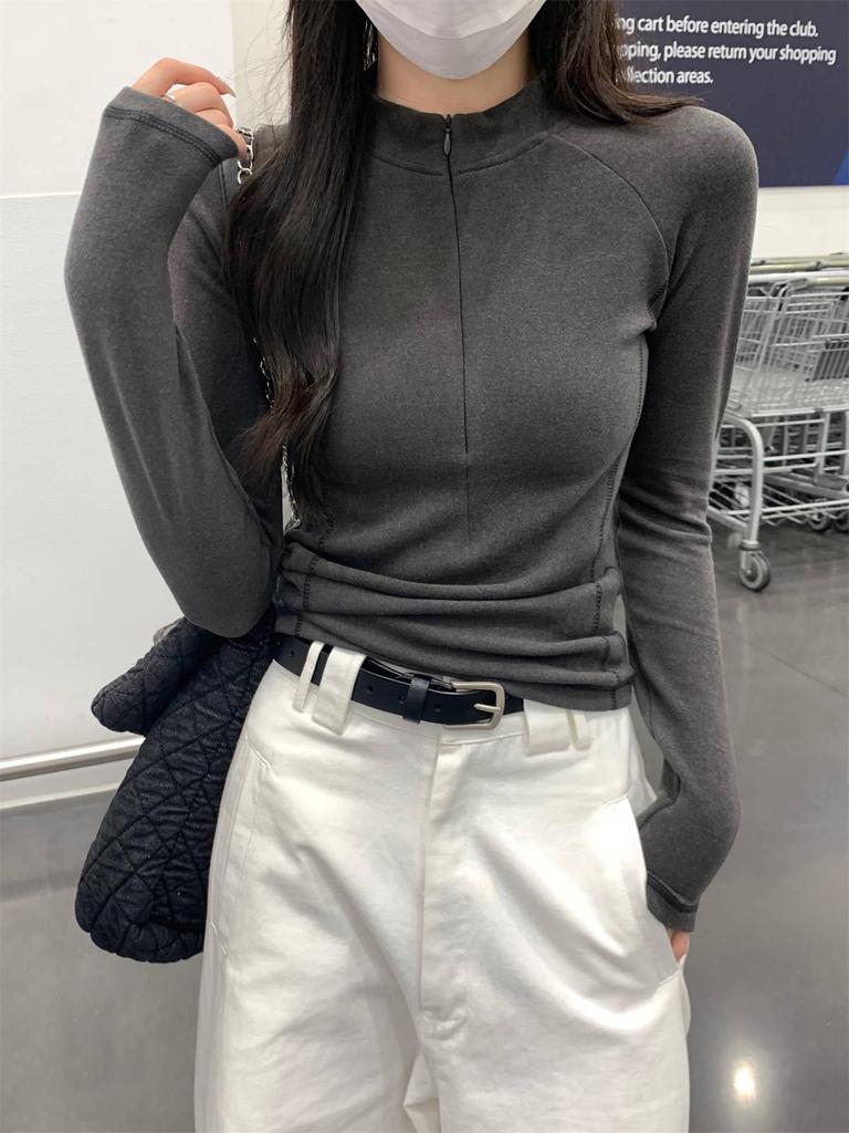 Women's Thermal Fleece Zipper Long-Sleeve T-Shirt with Half-High Collar - Autumn/Winter Warm Base Layer Top
