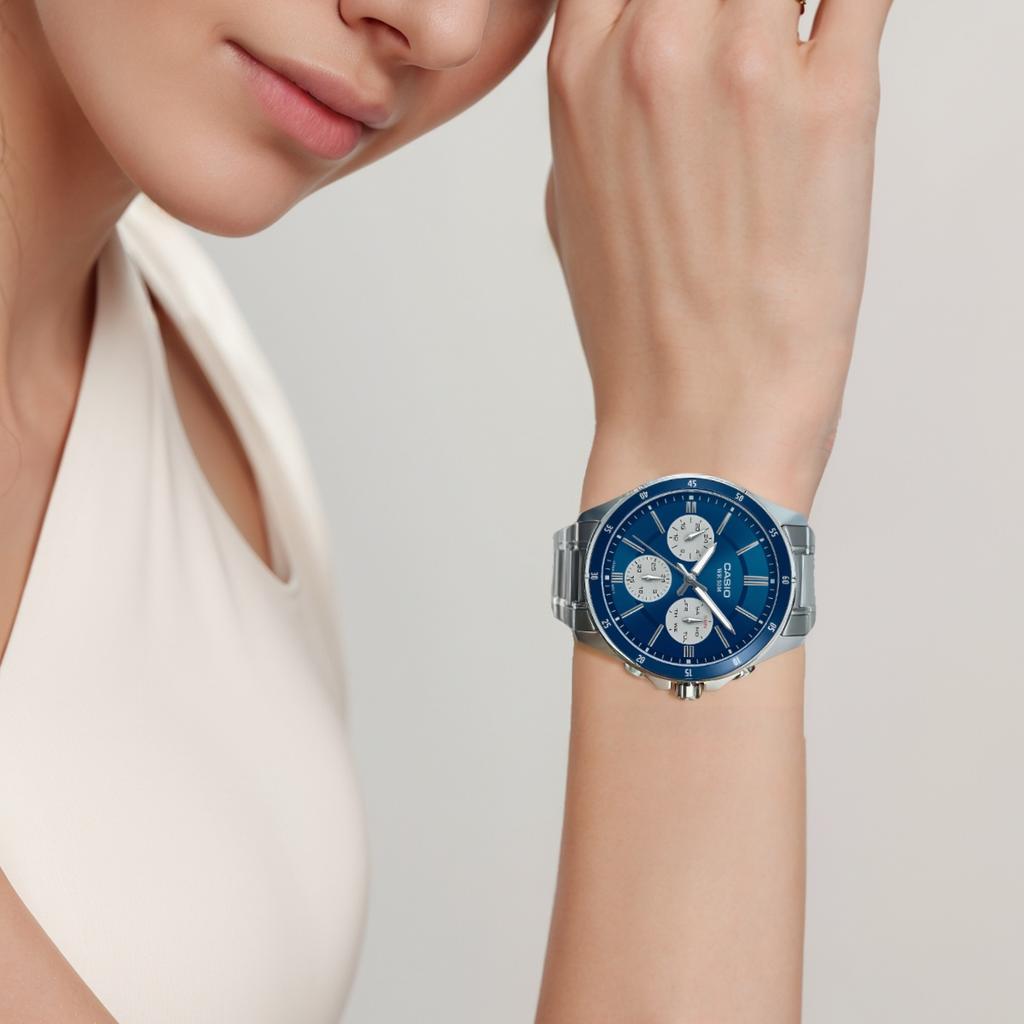 Casio Quarzwerk Edelstahlarmband Uhr Unisex Blaues Zifferblatt MTP-1374D-2A3V