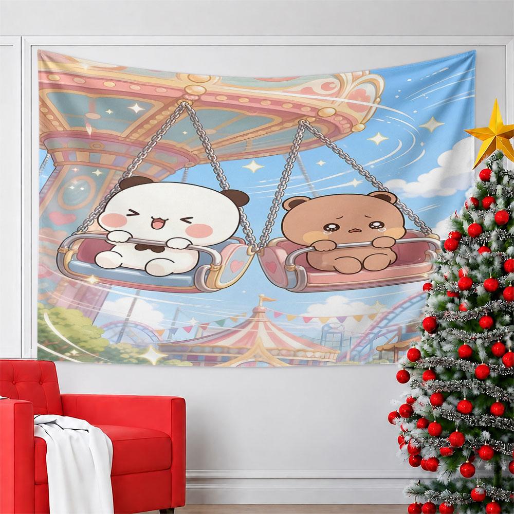 Cute Panda and Bear on Carousel Swing Pattern Wall Hanging Tapestry Decorative Tapestry Home Decor for Bedroom and Living Room