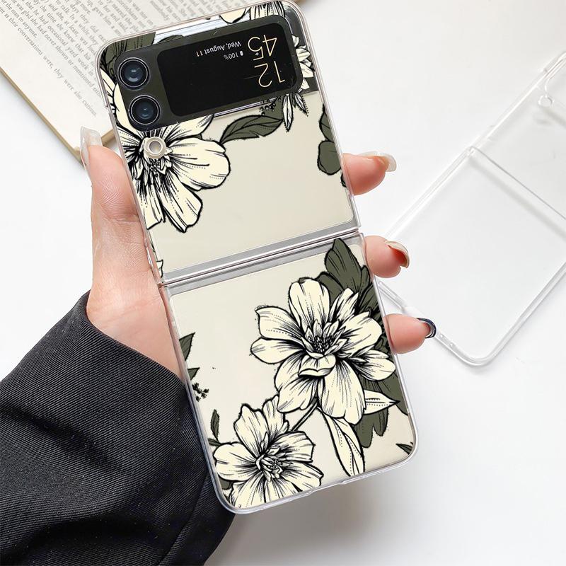 Phone Case For Samsung Galaxy Z Flip 3 4 5 Hard Folding Clear PC Bumper Flower For Samsung Z Flip 6 Back Cover