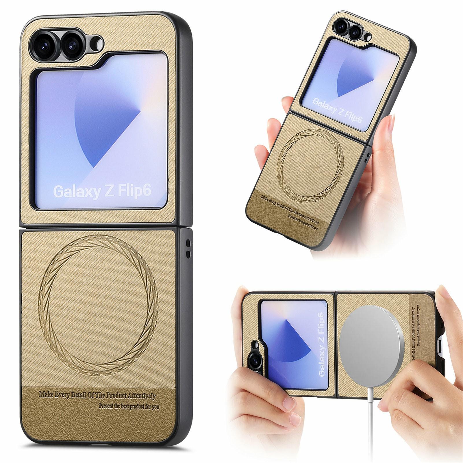 

For Samsung Galaxy Z Flip6 5G Case Compatible with MagSafe Denim Texture Leather+PC Shockproof Phone Cover Khaki