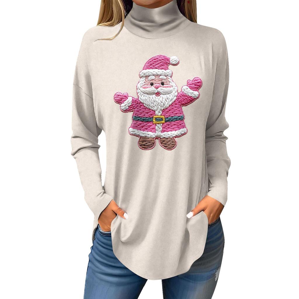 Women's Fashionable Loose-Fit High-Neck T-Shirt With Christmas Print Long-Sleeved Top