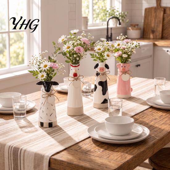 Rustic Home Office Accents Resin Cute Animal Vase, Farmhouse Decorative Flower Holder for Bookshelf Ornaments Decor, Pig/Cow/Sheep/Chicken Arrangement
