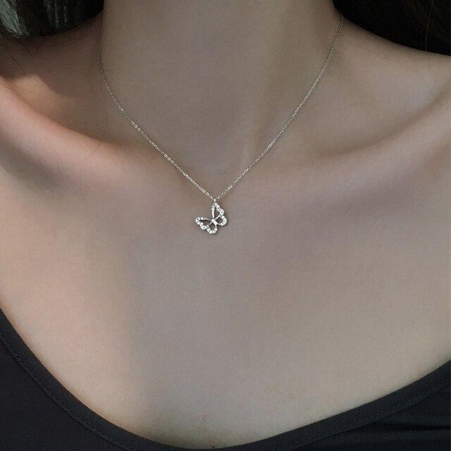 Sterling Tone Butterfly Necklaces Shiny Zircon Stone Clavicle Chain Pendant Necklace Women Jewelry Event Gathering Souvenir GiftTrendy