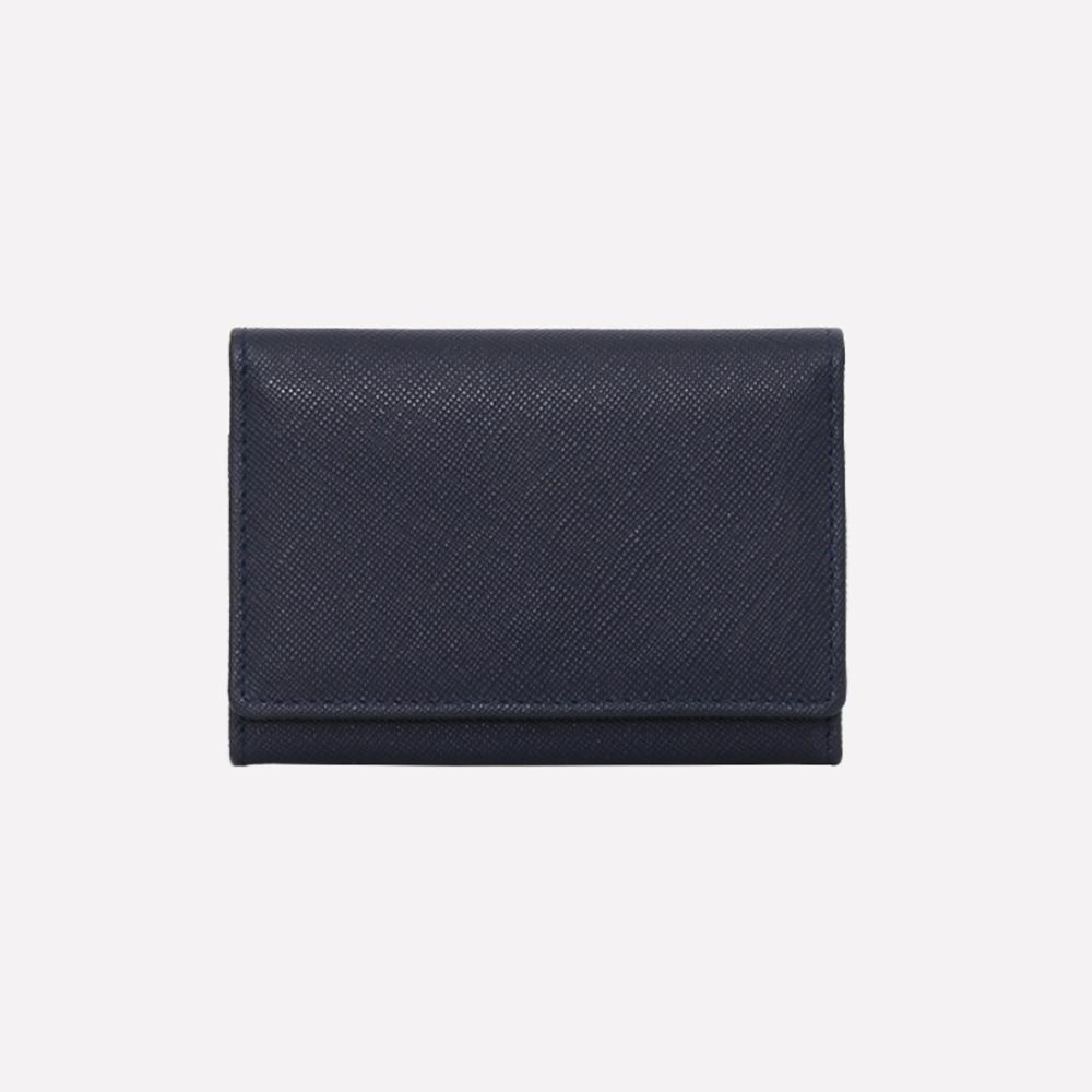 Matt Saffiano Cowhide Slim Business Card Holder Black + Steel Blue