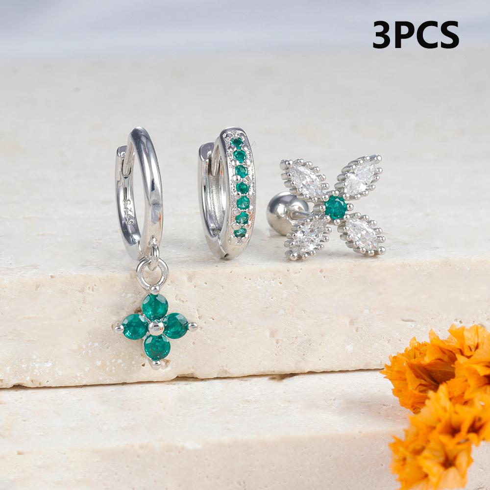 3PCS Green Zircon Flower Hoop Earrings Women Tiny Stainless Steel Round Circle Cartilage Piercing Earring Fashion Jewelry Sets