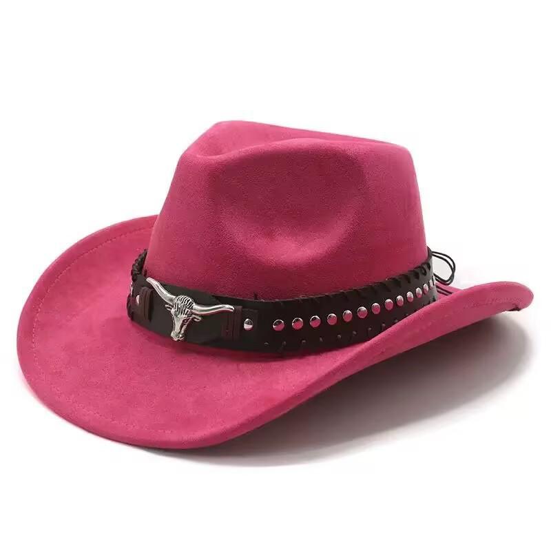 Bull Head Belt Rivet Jazz Hat Men's and Women's Spring and Autumn Outdoor Travel Sunshade Top Hat Big Edge Suede Western Cowboy Hat