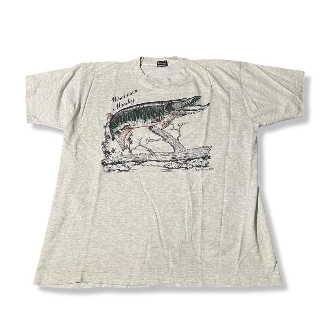 Vintage 90s Wisconsin Musky Fish Gray Graphic T Size XL Fishing Unisex T-Shirt S
