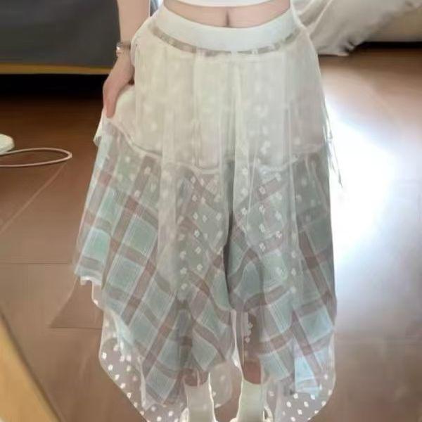 

Юбка миди в стиле преппи с асимметричным кружевным лоскутным узором в клетку для женщин - Летняя юбка А-силуэта с высокой талией L