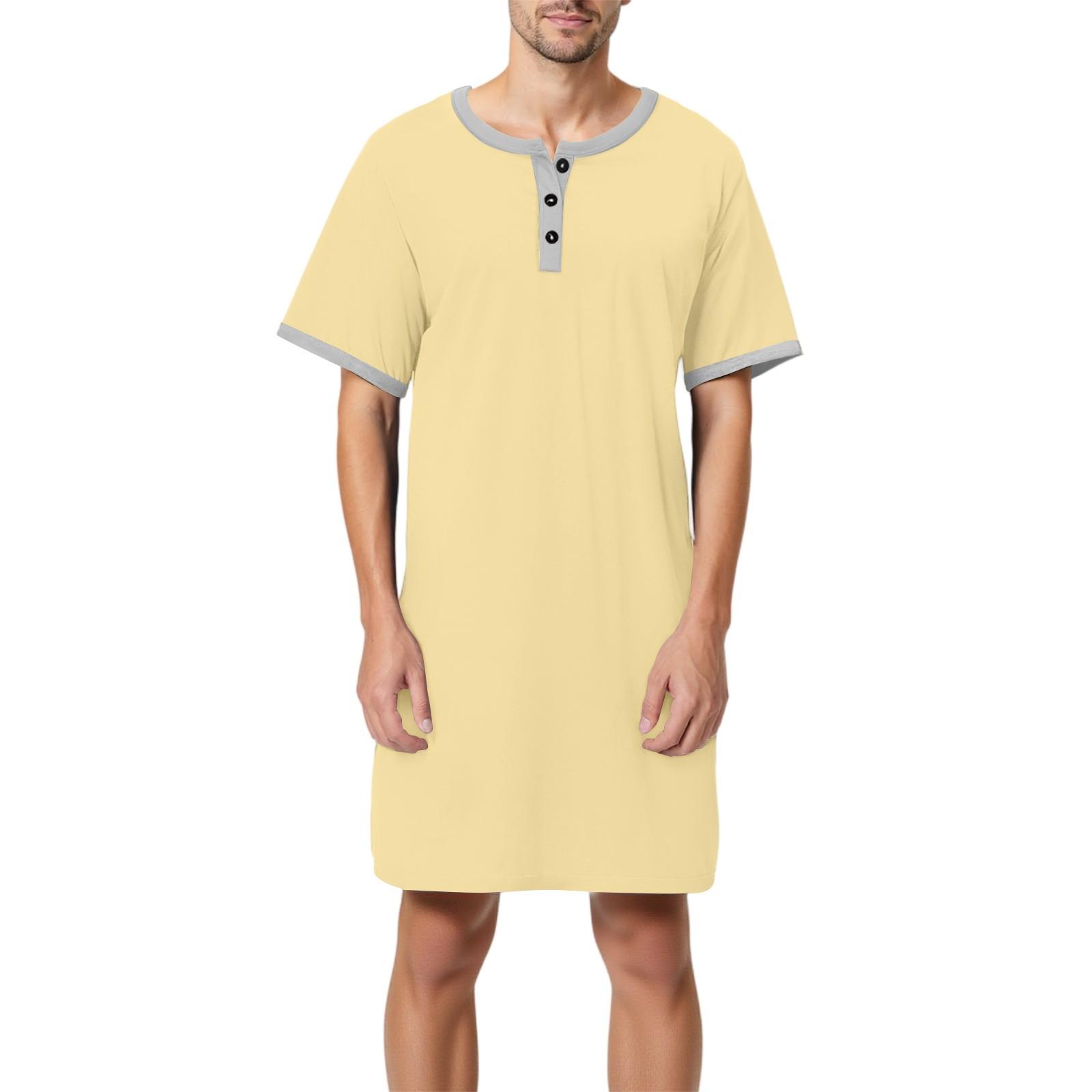 

Мужская однотонная хлопковая пижама с коротким рукавом, рубашка на пуговицах с отложным воротником, длинная свободная пижама, домашняя одежда XL жёлтый