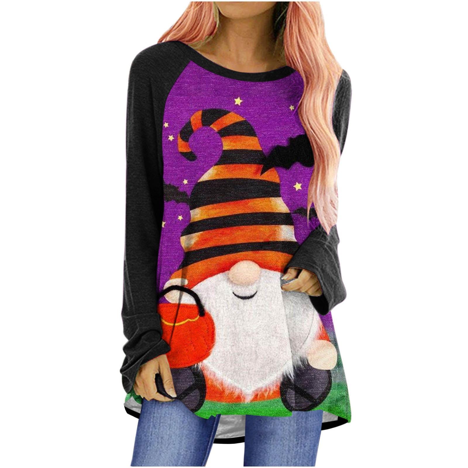 

(SU)Женская повседневная модная блузка средней длины с длинным рукавом и принтом Хэллоуина 2022 года