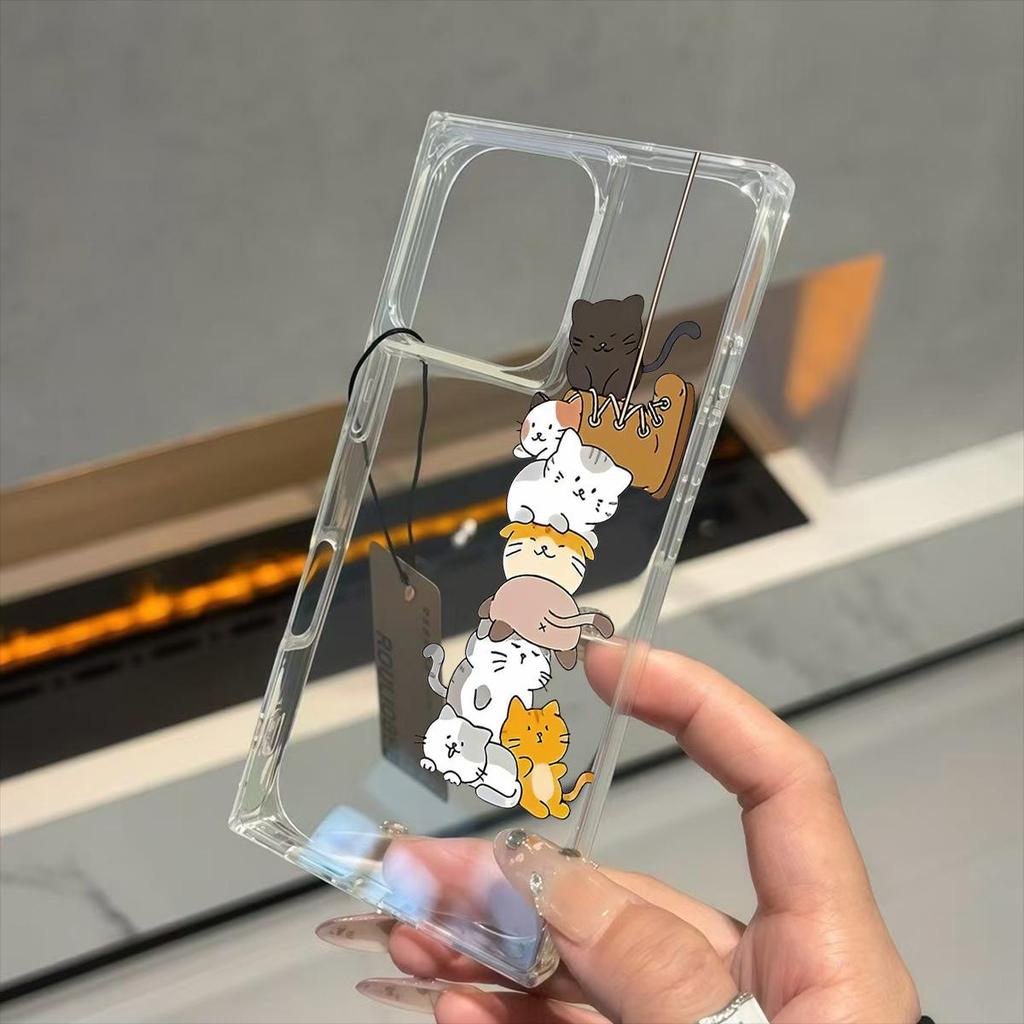 Square Back Tube Protection Clear Case For iPhone 11 14 Pro Max 13 16 ProMax 12 15 Plus Anti-Oxygen,Stacked Cat Pattern Casing