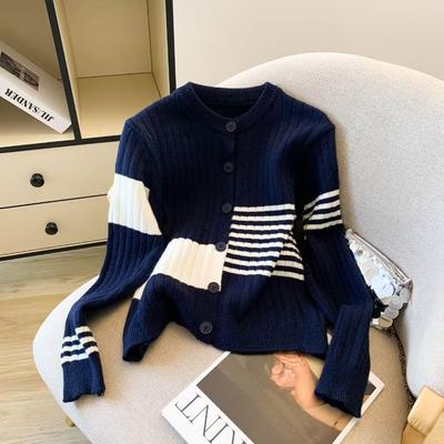 Contrast Color Sweater Cardigan Autumn New Casual Short Knitted Jacket Women's Small Sweater Top