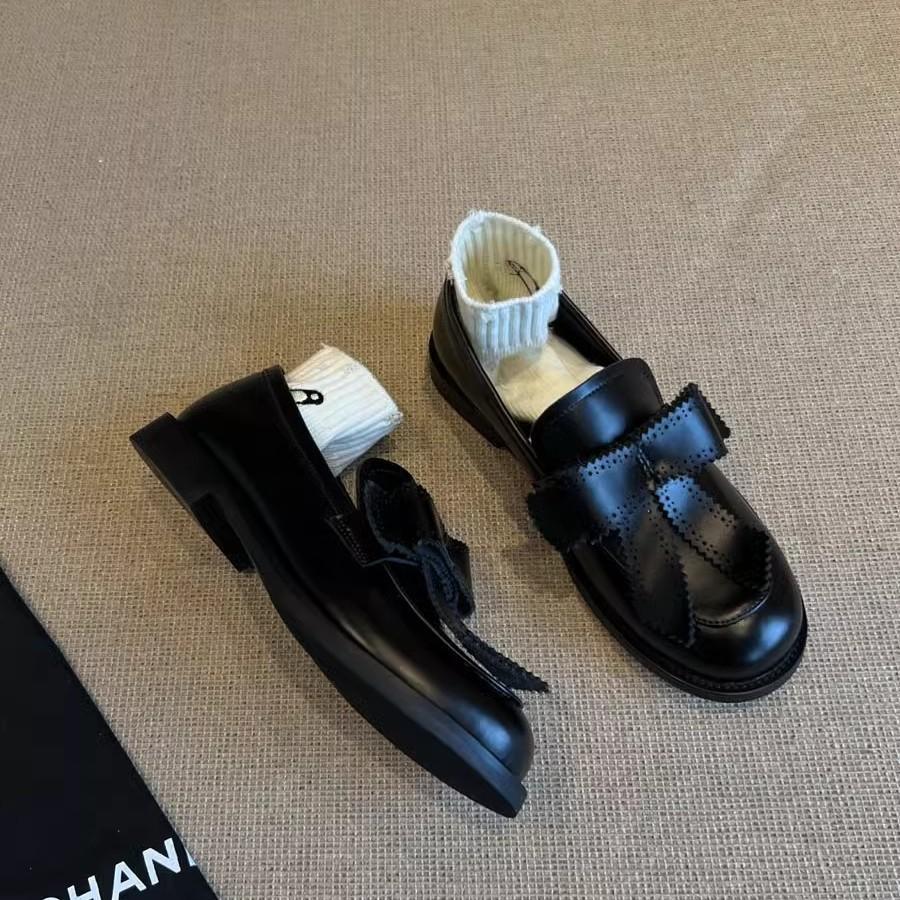 Cowhide version~ Round head bow British style loafers one pedal retro college single shoes low heel small leather shoes women