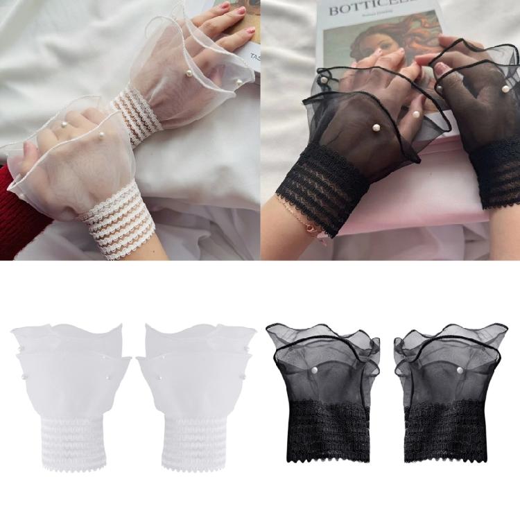 Decorative Detachable Fake Sleeve Cuffs Intricate Lace Design Pearls Beaded Wristband Formal Casual Outfit Complement