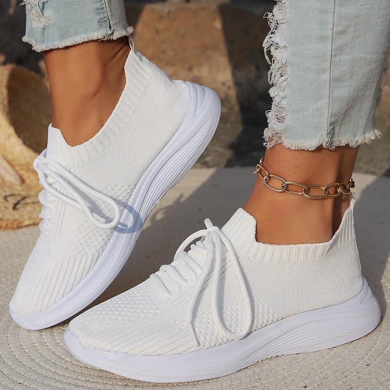 Fashion Solid Color Women's Knitted Sneakers 2025 Autumn Breathable Mesh Flats Woman Slip on Light Weight Walking Sport Vulcanize Shoes