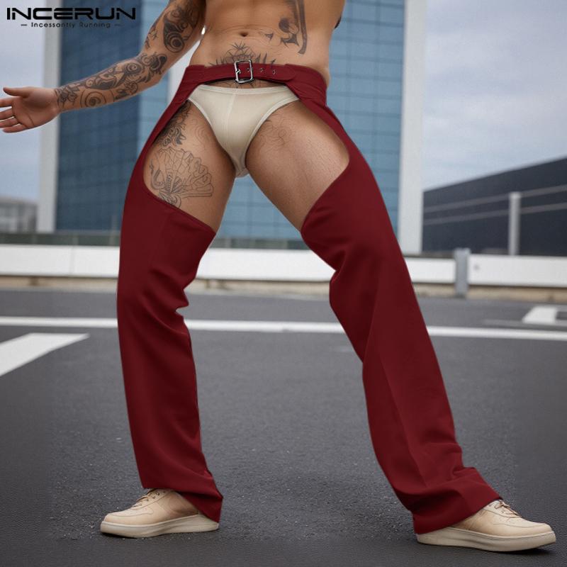 INCERUN Men Belt Waist Crotch Cutout Party Long Pants Trousers