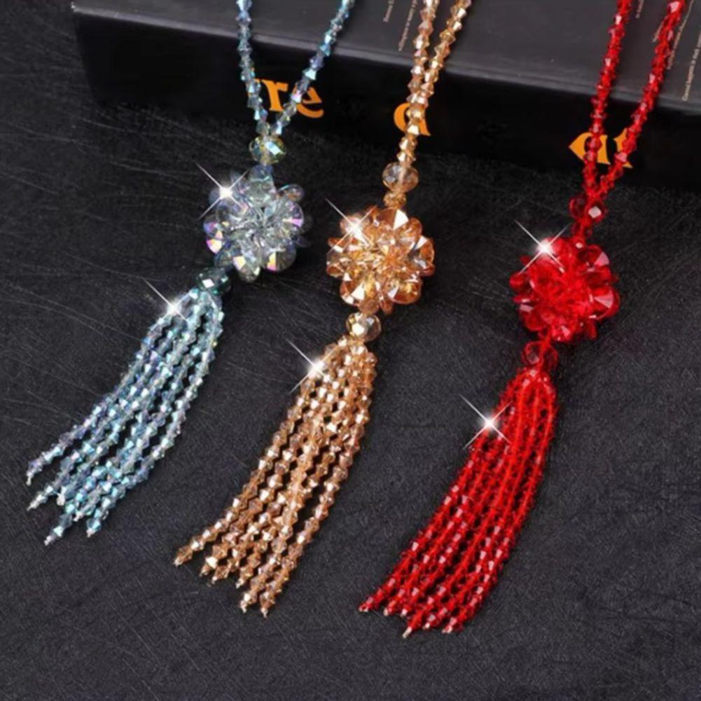 1116 Faux Crystal Necklace Knotted Beaded Long Tassel Shiny All Match Women Long Pendant Sweater Necklace Pendant Necklaces