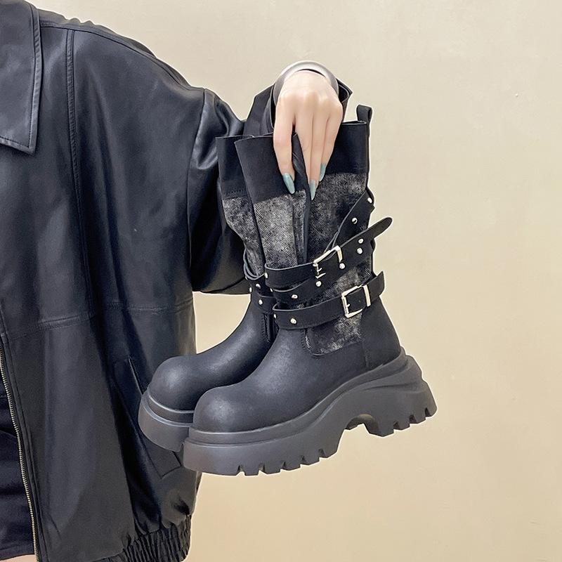 Fashion two-wear platform short boots design belt buckle thick heel round head Martin boots women's autumn and winter retro high-heeled fashion boots