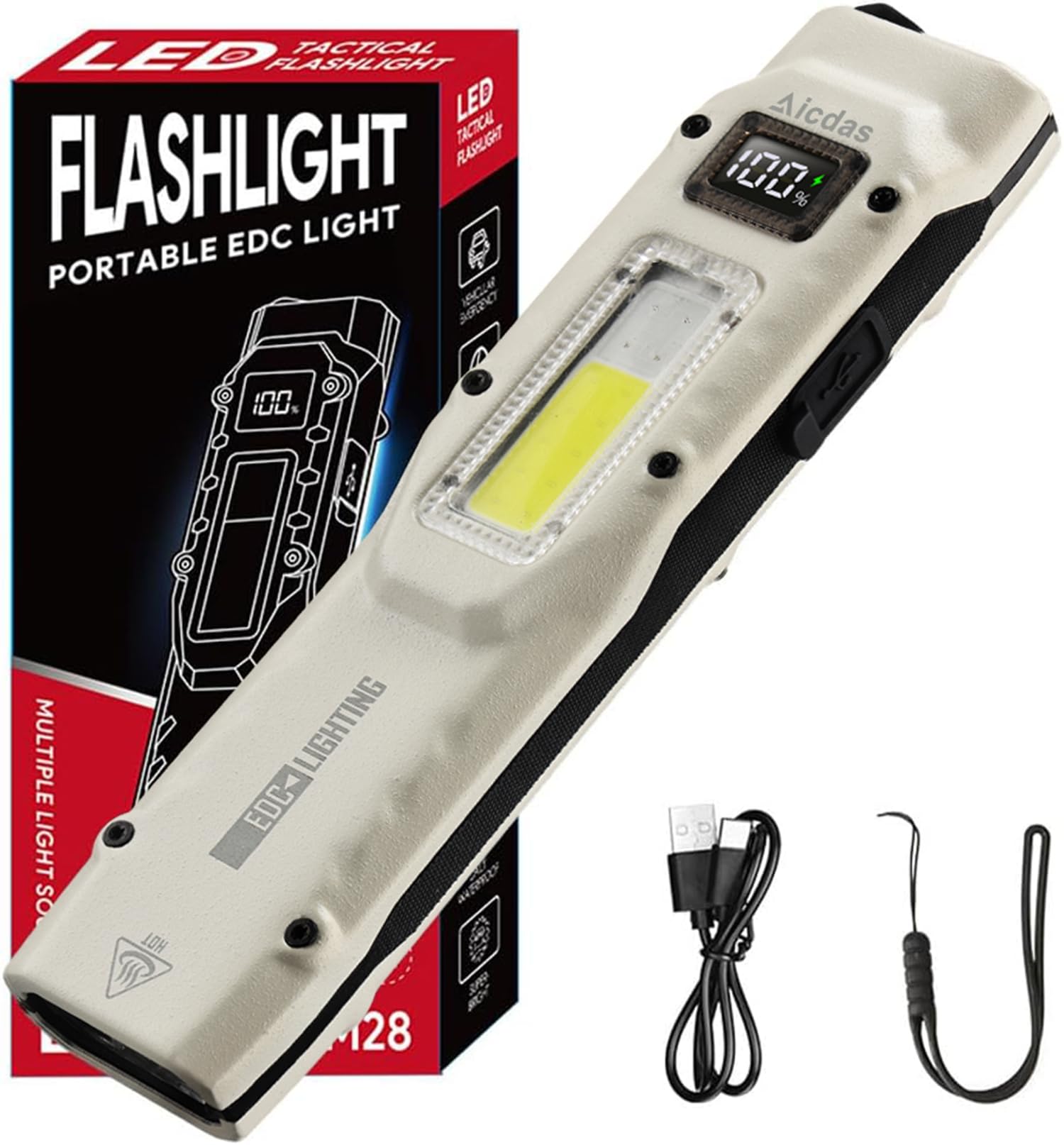 

Aicdas EDC Powerful New Compact LED Military 13 Dimming Digital Battery Level COB Work Light IPX6 Flashlight for Security Power and Emergencies