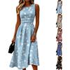 Sleeveless Casual Dress for Women Round Neck Floral Print Midi Length Lightweight Summer Dress with Fitted Waist and A-Line Skirt