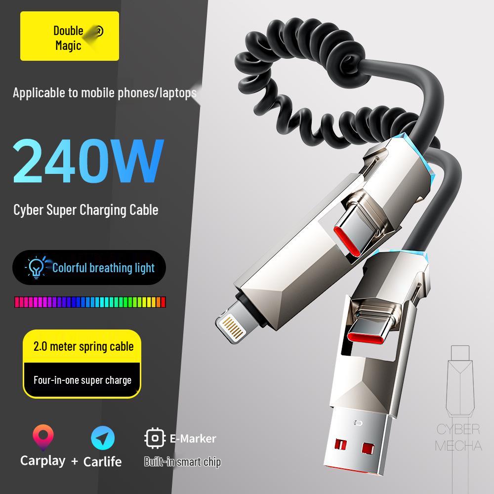 240W Cyber Spring 4-in-1 Retractable Data Cable for Apple & Huawei iPhone 16
