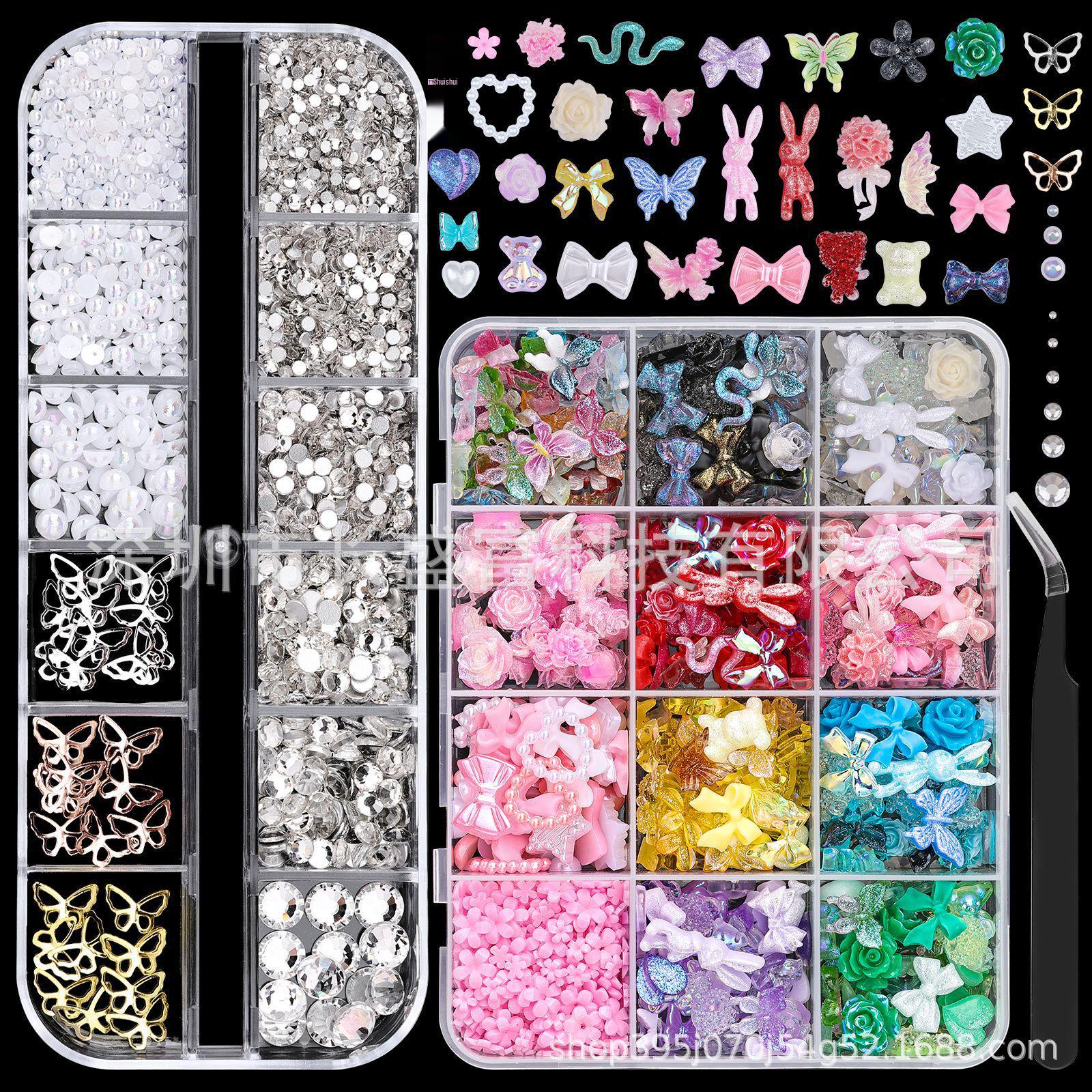 12-Grid 3D Glitter Bow Rhinestone Nail Art Decorations