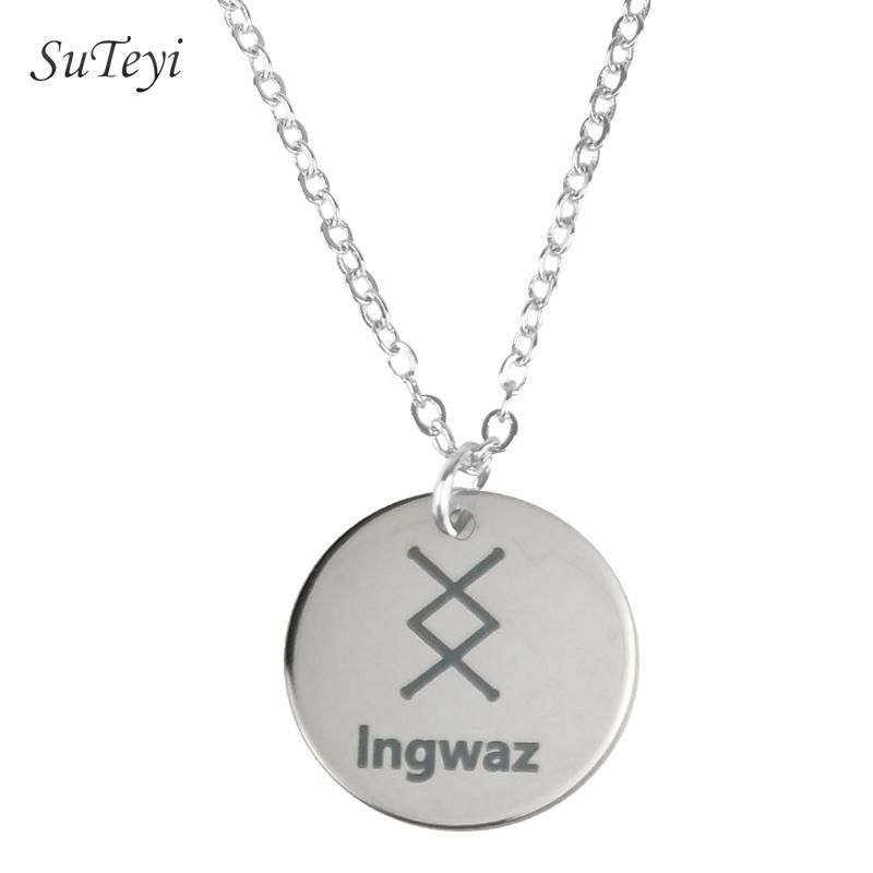 Round 25 Rune Letter Pendant Necklace Silver Color Stainless Steel Disc Viking Necklaces For Women Men