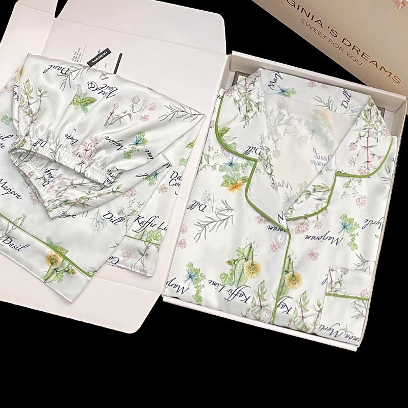 Pastoral Pajamas Women S Spring Summer Short-Sleeved Cardigan Plant English Flower Loungewear M
