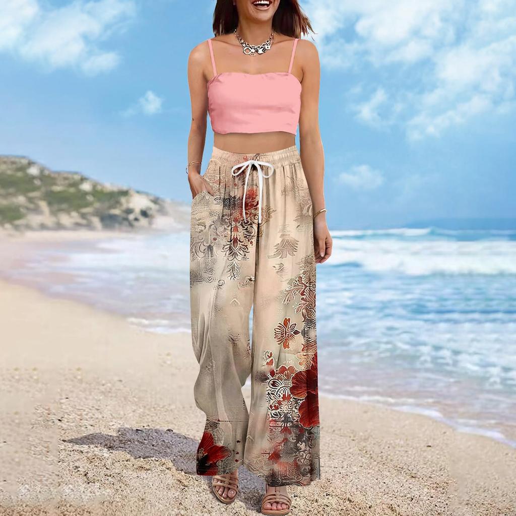 Dámské letní boho palazzo kalhoty s vysokým pasem a širokými nohavicemi, tisk, ležérní kalhoty s kapsami