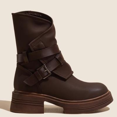 New Autumn and Winter Warm Leather Side Zipper Thick Sole Boots High Street Style Women Vintage Fashion Short Boots