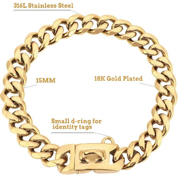 BAOBOTE 15MM Gold Stainless Steel Dog Collar with Cuban Link Chain Heavy Duty Chew Proof Training Collar for Dogs(14" Gold)