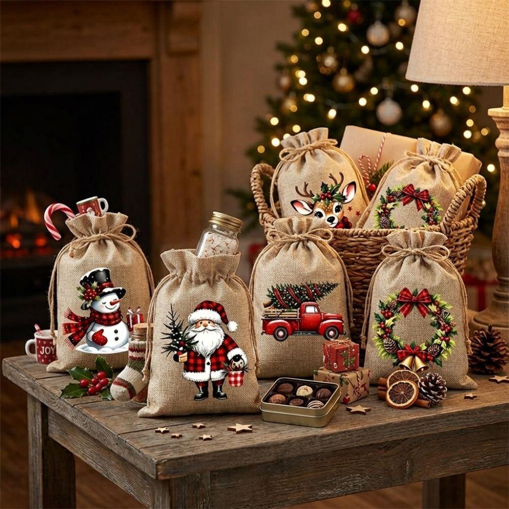 5/12Pcs Linen Style Christmas Drawstring Gift Bags Santa Claus Vintage Snowman Reindeer Sack Red Truck Christmas Tree