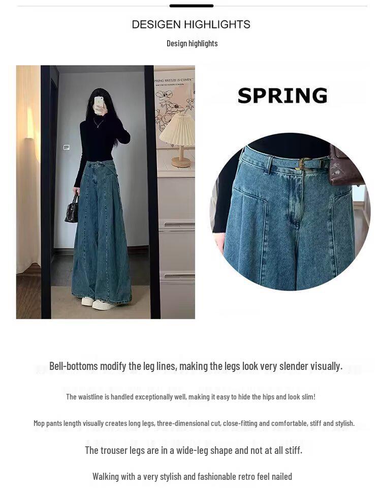 Hong Kong Retro Blue High Waist Wide Leg Floor-Length Jeans for Women