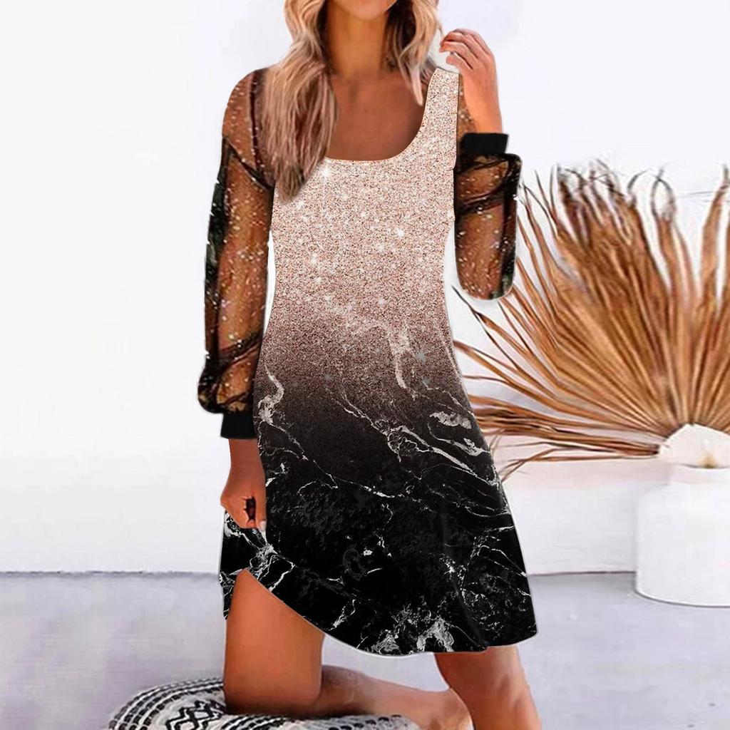 Ladies Sexy Fashion Solid Color Square Neck Splicing Mesh Long Sleeve Printing Dress Summer Dress