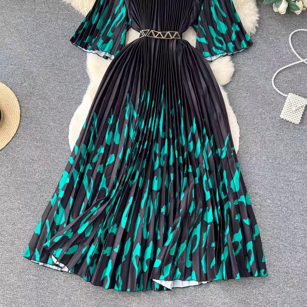 Summer Beach Leopard Print Miyake Oversized Dress Women Clothing Flare Sleeve Belt Big Swing Pleated Loose Long Robe