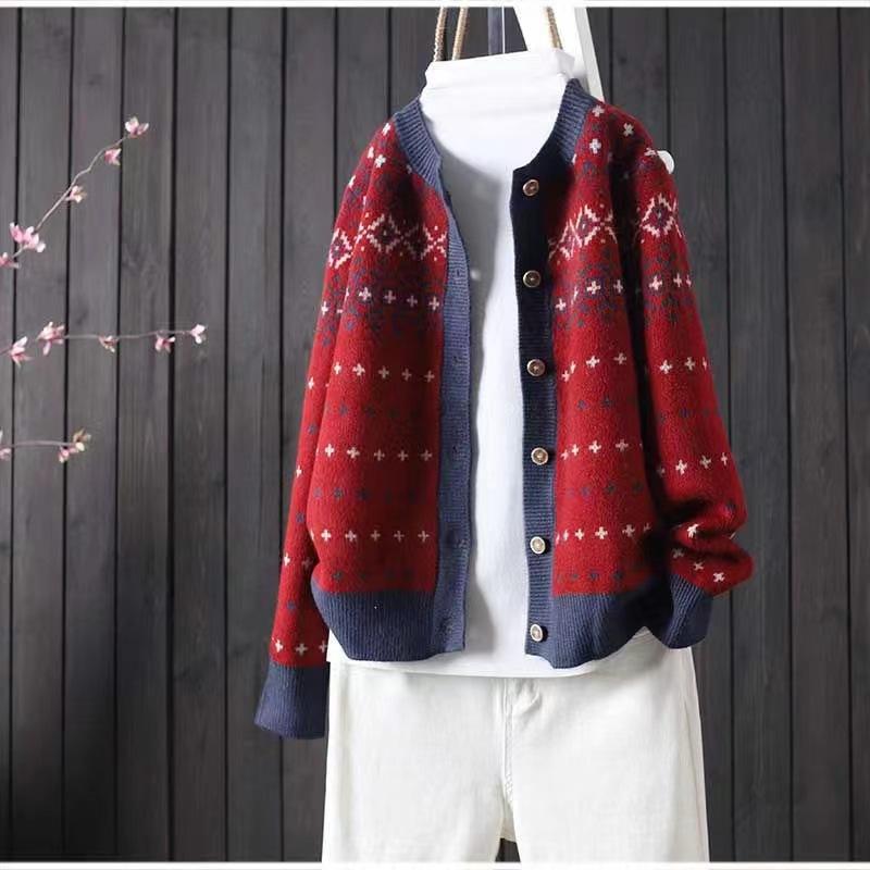 

Crew neck knitted cardigan women s literary and retro long-sleeved temperament casual loose and thin sweater women s coat One size красный
