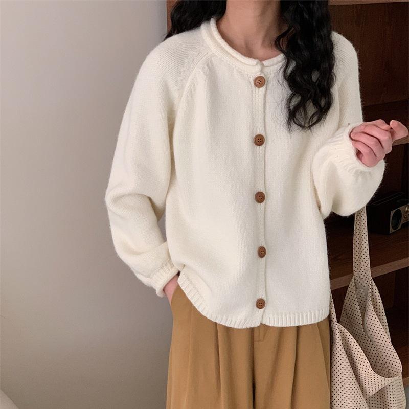 Autumn and Winter New Simple Style Solid Color Versatile Knitted Cardigan Loose Lazy Style Sweater Jacket Top
